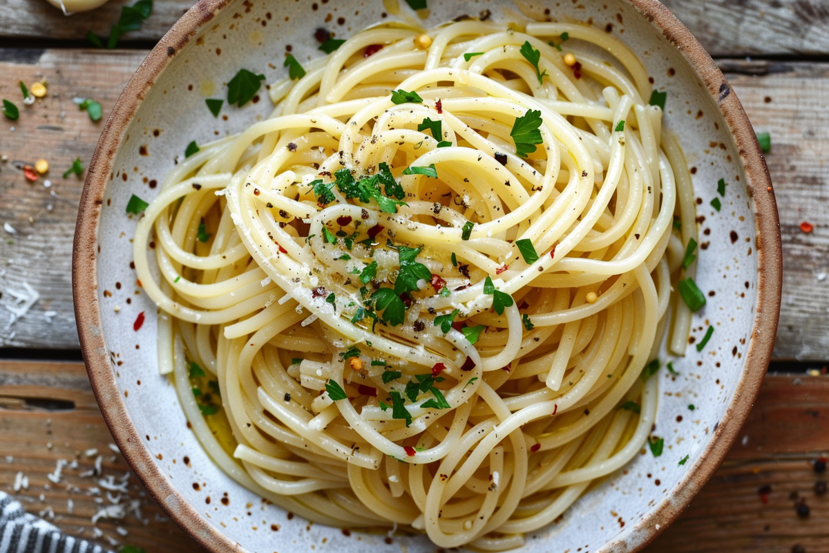 Spaghetti aglio e olio auf rundem Teller, mittig angerichtet mit Öl, Petersilie, Chili und Knoblauch
