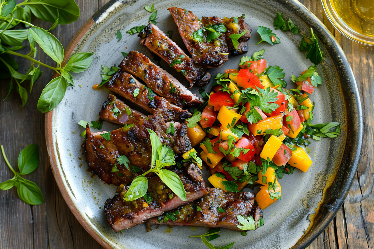 Gegrilltes Rindersteak in Scheiben mit frischer Kräutermarinade, serviert mit bunter Paprika-Tomaten-Salsa auf einem Keramikteller, angerichtet auf rustikalem Holztisch.