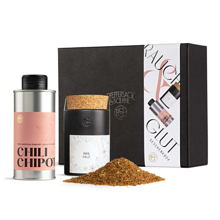Geschenkbox Rauch & Glut mit BBQ Salz und Chili Öl von Pfeffersack & Soehne – edles BBQ Geschenkset für Grillfans und Feinschmecker.