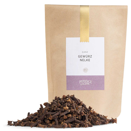 Ganze Gewürznelken im Beutel von Pfeffersack & Soehne – intensiv aromatisches Gewürz mit warm-würzigem Geschmack für Glühwein und Schmorgerichte.