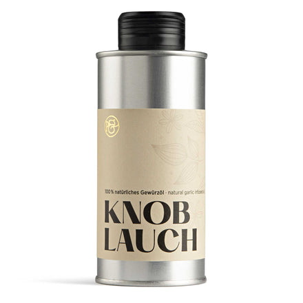 Knoblauch Öl von Pfeffersack & Soehne in Metalldose – natürliches Gewürzöl mit intensivem Knoblauchgeschmack, vielseitig für Pasta, Pizza, Dips und mediterrane Küche.