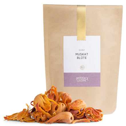 Muskatblüte im Kraftbeutel von Pfeffersack & Soehne – aromatisches Macis-Gewürz für Béchamelsauce, Kartoffelpüree und feine Fleischgerichte.