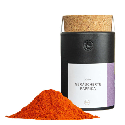 Geräuchertes Paprikagewürz in handgefertigter Keramikdose von Pfeffersack & Soehne – rauchig-würzige Paprika für BBQ, Fleisch und Gemüse.