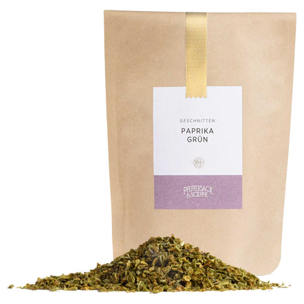 Grüne Paprika im Kraftbeutel von Pfeffersack & Soehne – aromatisches Gewürz für Suppen, Eintöpfe, Gemüsegerichte und herzhafte Dips.