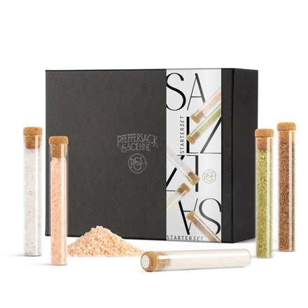 Starter Set Salz im Shop – Geschenkbox mit fünf edlen Salzsorten für Genießer.