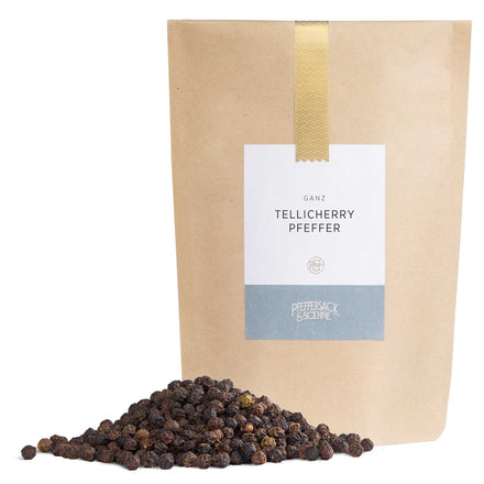 Tellicherry Pfeffer im Kraftbeutel von Pfeffersack & Soehne – handverlesene schwarze Pfefferkörner aus Indien für Fleisch, Pasta und Risotto.