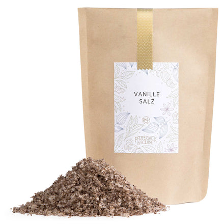 Vanillesalz im Kraftbeutel von Pfeffersack & Soehne – aromatisches Gewürzsalz mit Vanille für Karamell, Schokoladendesserts und feine Süßspeisen.