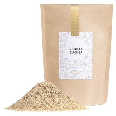 Aromatischer Vanillezucker im Kraftbeutel von Pfeffersack & Soehne – fein duftende Vanille-Zucker-Mischung für Kuchen, Desserts und Gebäck.